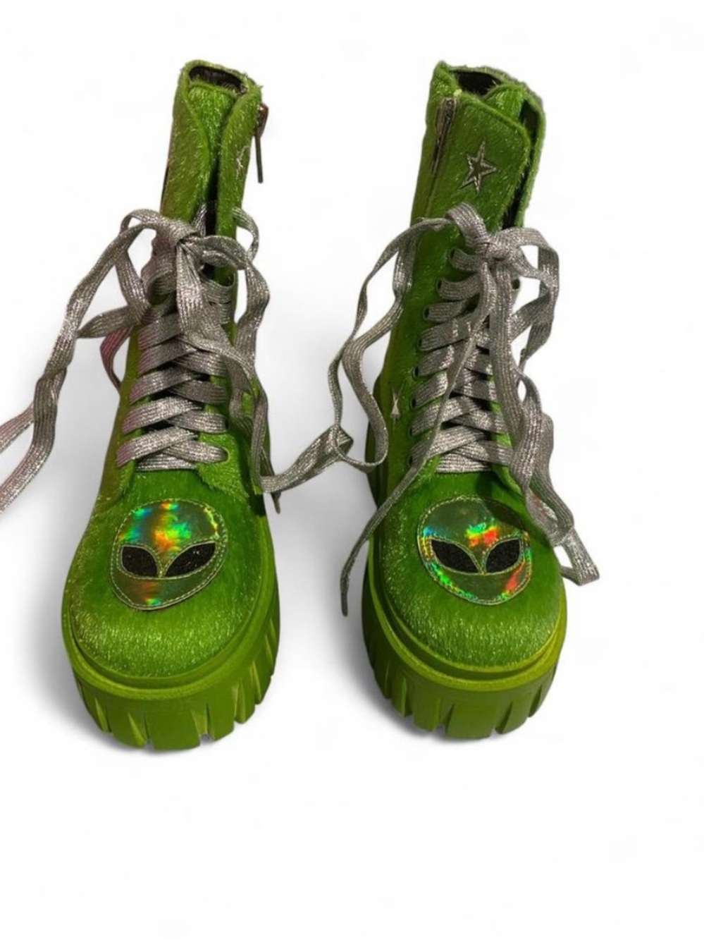 Green Alien Patch Platform Combat Boots - Picture 2 of 5